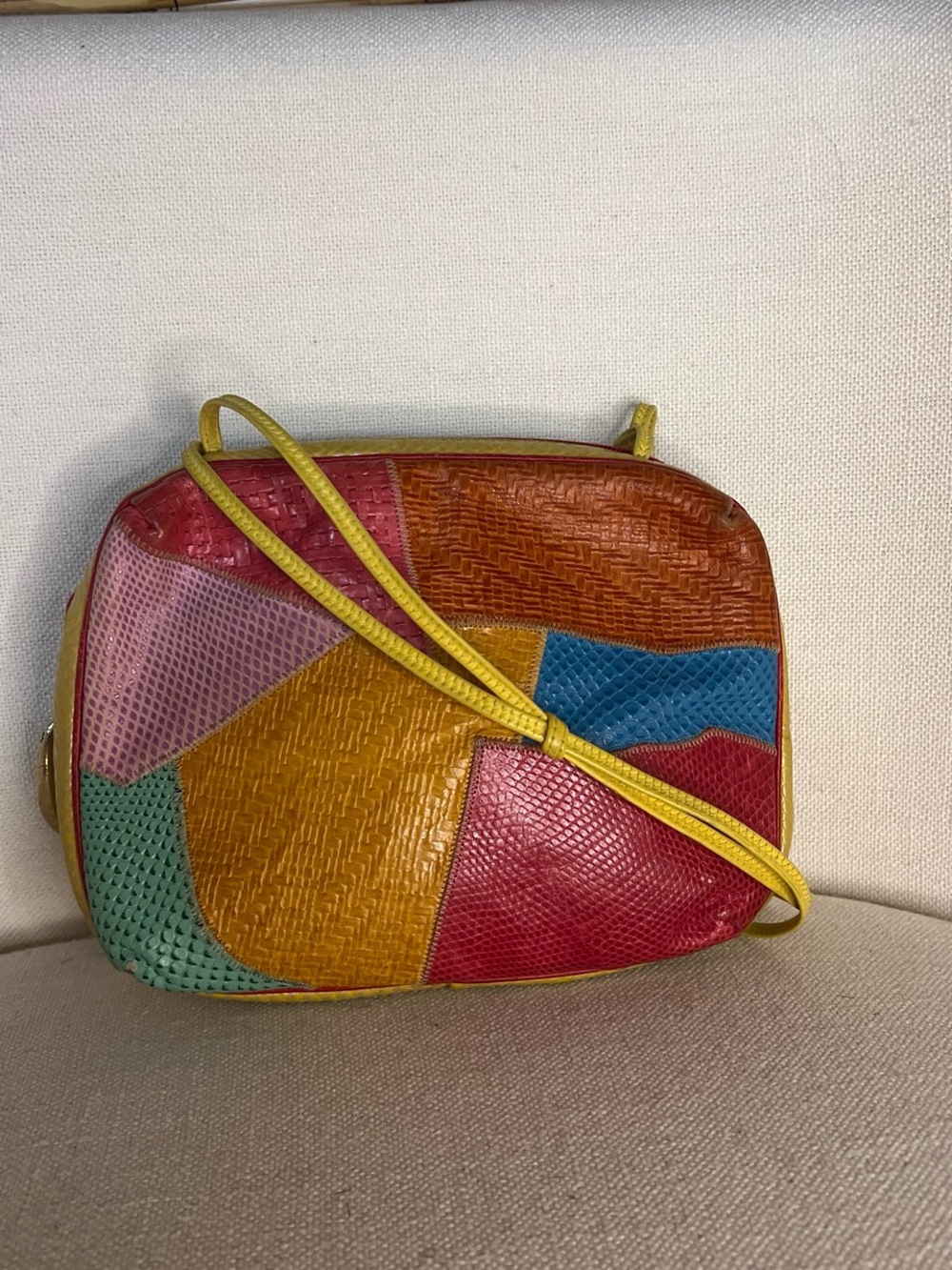 Sharif Multicolor Patchwork Leather Crossbody with Yellow Strap